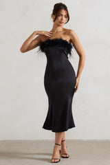 One And Only | Black Satin Feather Trim Bandeau Midi Dress