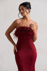 One And Only | Berry Satin Feather Trim Bandeau Midi Dress