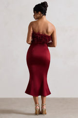 One And Only | Berry Satin Feather Trim Bandeau Midi Dress
