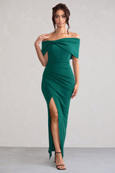 Eva | Green Bardot Bow Detail Maxi Dress With Thigh Split