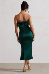 One And Only | Bottle Green Satin Feather Trim Bandeau Midi Dress