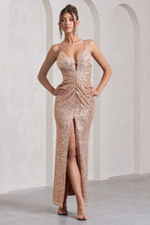 Enchanting | Champagne Sequin Open-Back Maxi Dress With Split