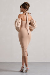 Couture Client | Champagne Halter-Neck Puff Sleeve Midi Dress