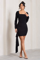 Crimson Cut | Black Long-Sleeved Ruffled Bodycon Mini Dress