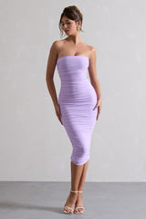 My Girl | Lilac Strapless Bodycon Ruched Mesh Midi Dress