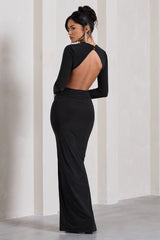 Miley | Black Long-Sleeved Open-Back Wrap Maxi Dress