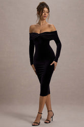 Compliment | Black Velvet Bardot Midi Dress