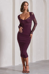 Between The Lines | Plum Ruched Mesh Long-Sleeved Bodycon Midi Dress