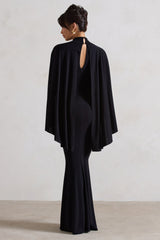Audrina | Black Ruched Halter-Neck Split Maxi Dress With Cape