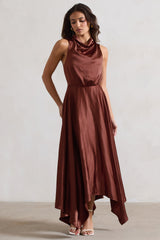 Kerri | Chocolate Brown Satin Cowl-Neck Maxi Dress