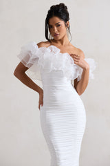Ladylike | White Ruched Bardot Midi Dress With Organza Trim