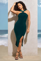 Sadira | Bottle Green Twist-Neck Split Maxi Dress