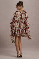 Abelia | Cream Floral Print High-Neck Cape-Sleeve Chiffon Mini Dress