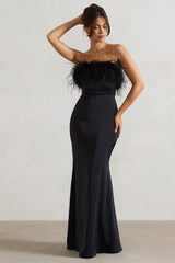 Dress For It | Black Satin Feather Trim Bandeau Maxi Dress