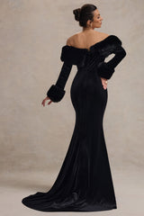 Mystique | Black Bardot Split Maxi Dress With Fur Trims