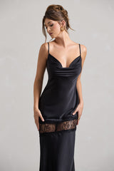 Matera | Black Satin Cowl-Neck Lace Trim Maxi Dress