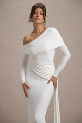 Valina | White Ruched Asymmetric Maxi Dress With Drape