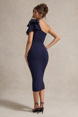 Ambretta | Navy One-Shoulder Midi Dress With Bow