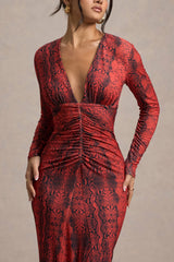 Mamba | Red Snake Print Plunge-Neck Long-Sleeve Maxi Dress