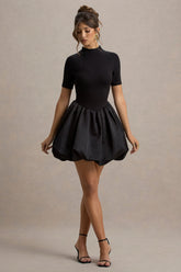 Blake | Black Short-Sleeve Mini Dress With Satin Puffball Skirt