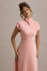 Velma | Light Pink Satin Midi Dress With Draped Hem