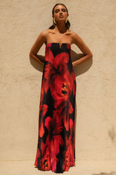 Bergamot | Black And Red Floral Print Satin Sweetheart Maxi Dress