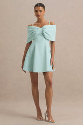 Faria | Light Blue Short-Sleeve Bardot Mini Dress With Bow Detail