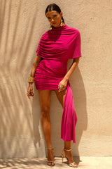 Farrah | Hot Pink High-Neck Draped Mini Dress With Sash
