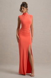 Lanetta | Coral Ruched High-Neck Maxi Dress With Split