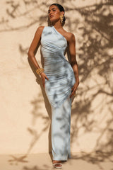 Daphne | Powder Blue Asymmetric-Neck Maxi Dress With Ruched Detailing