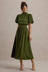 Persea | Olive Satin Puff-Sleeve Midi Dress With Bow