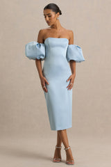 Imogen | Powder Blue Satin Short-Sleeve Bardot Midi Dress With Ruffle Detail
