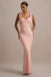 Evanna | Pink V-Neck Maxi Dress With Bow Straps