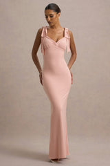 Evanna | Pink V-Neck Maxi Dress With Bow Straps