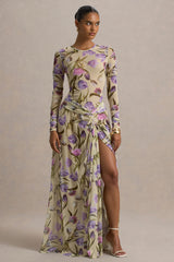 Koami | Yellow Floral Sheer Mesh Long-Sleeve Ruched Maxi Dress With High Split