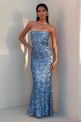 Evabeth | Powder Blue Sequin Strapless Maxi Dress