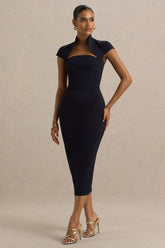 Elsie | Navy Cut-Out Neck Midi Dress With Short Sleeves