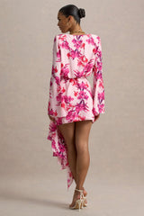 Goldie | Pink Floral Print Chiffon Long-Sleeve Wrap Mini Dress
