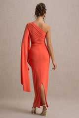 Clementina | Orange Asymmetric Cape Sleeve Maxi Dress