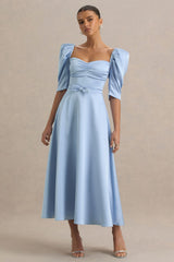 Rosey | Powder Blue Satin Sweetheart Midi Dress