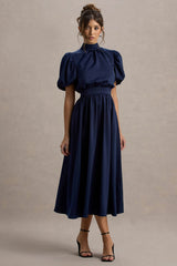 Persea | Navy Satin Puff-Sleeve Midi Dress With Bow