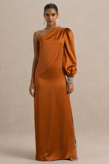 Thelma | Orange Satin Asymmetric Maxi Dress With One-Sleeve