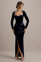 Fay | Navy Velvet Corset Style Knot Maxi Dress