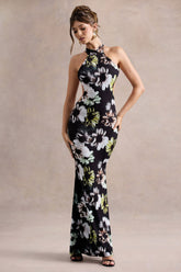 Tuscany | Black Floral Print Halter-Neck Split Maxi Dress