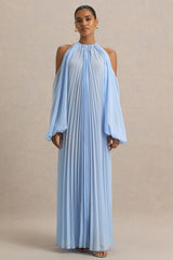Reyna | Powder Blue Pleated Chiffon Cold-Shoulder Maxi Dress