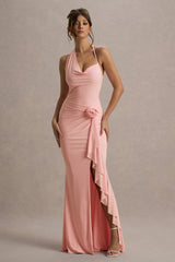 Lucena | Pink Cowl-Neck Wrap Maxi Dress With Floral Drape