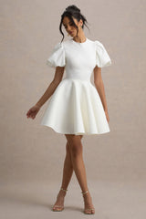 Emelia | White Puff-Sleeve Skater Dress