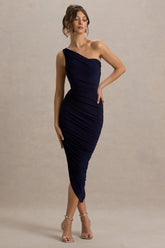 Dorit | Navy One Shoulder Asymmetric Ruched Midi Dress