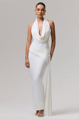 Maude | White Plunge-Neck Ruched Maxi Dress With Sash