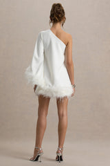 Epiphany | White One Shoulder Cape Sleeve Mini Dress With Feathers